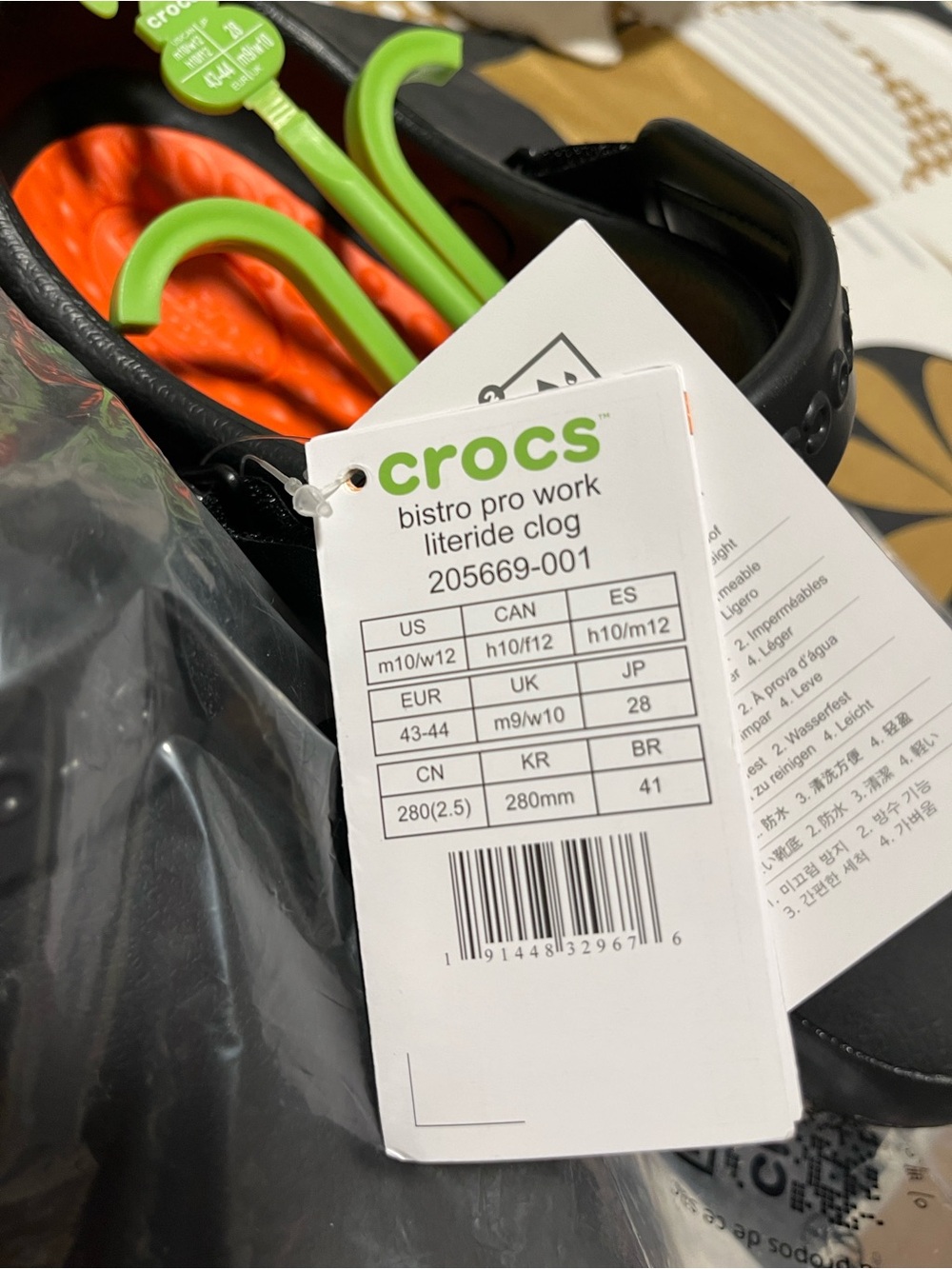 CROCS Bistro Pro Work Clog in Black with Neon Orange Insole and Lime Pull Tab
